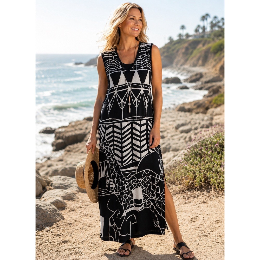 Boho Linen Blend Relaxed Dress Sz M Coastal Beach Vacation Resort Nic & Zoe